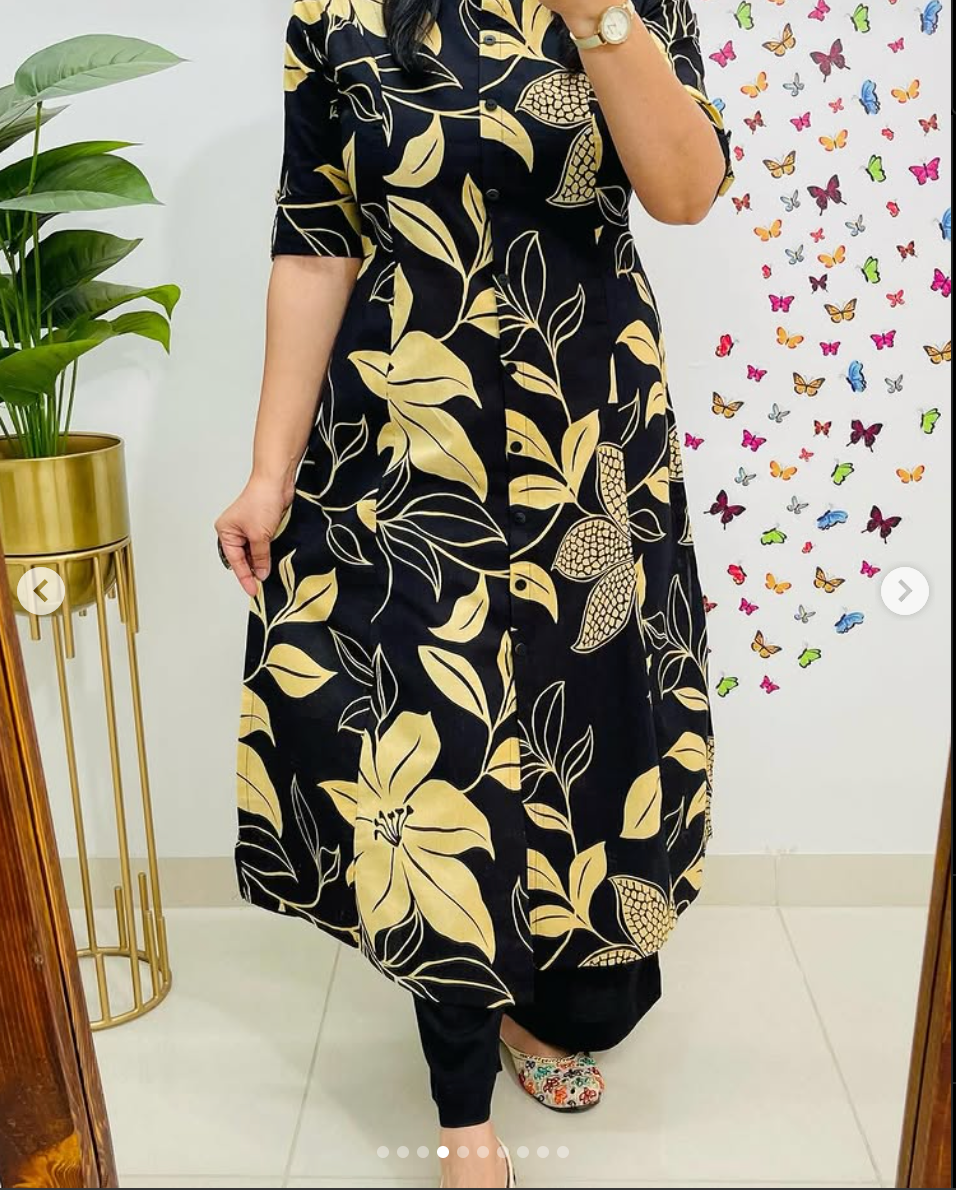 Black Floral Long Kurti with Pant