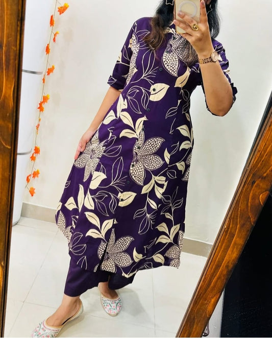 Deep Purple Floral Long Kurti with Pant