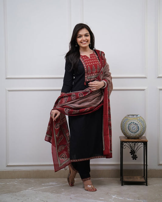 Elegant Black Kurta Set with Embroidered Neckline & Printed Dupatta