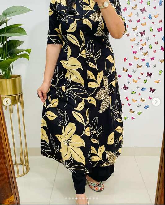 Black Floral Long Kurti with Pant