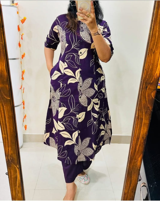 Deep Purple Floral Long Kurti with Pant