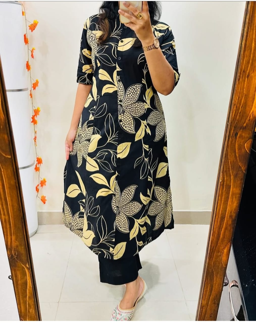 Black Floral Long Kurti with Pant