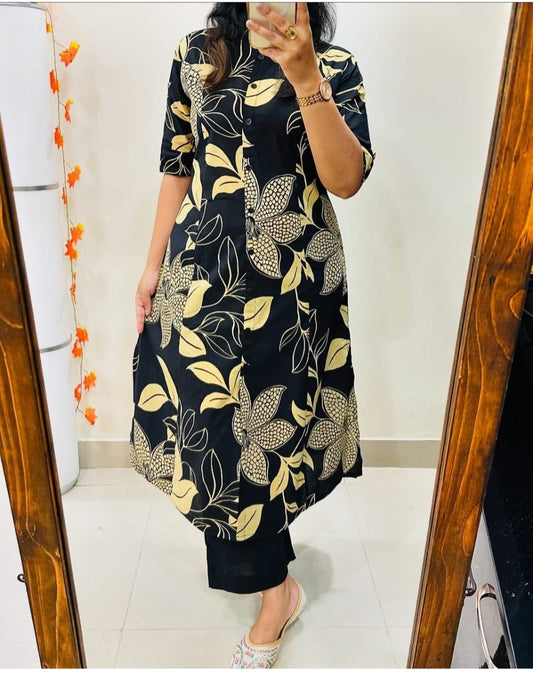 Black Floral Long Kurti with Pant