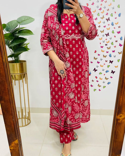 Red Designer Pattern Cotton Suit