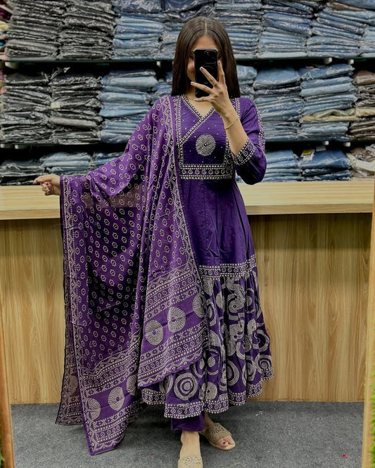 Purple V Neck Heavy Anarkali Kurti, Pant with Dupatta