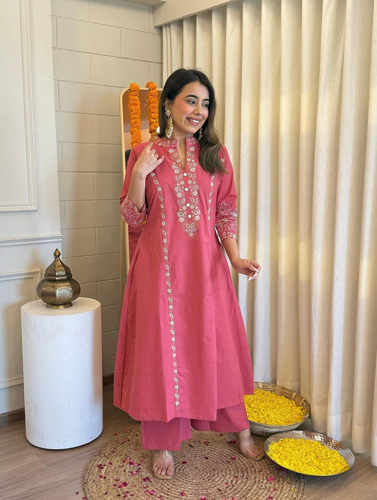 Jaipuri Elegant Rose Pink Embroidered Kurta Set