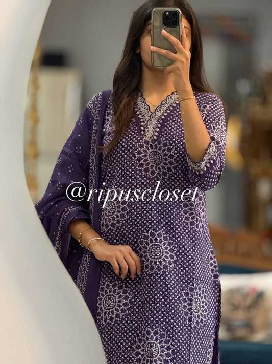 Blue Bandhani Cotton Suit Set with Dupatta