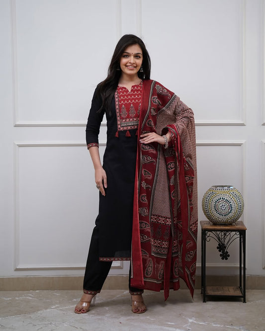 Elegant Black Kurta Set with Embroidered Neckline & Printed Dupatta