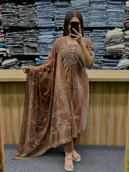 Brown Bandhani Cotton Suit Set with Dupatta