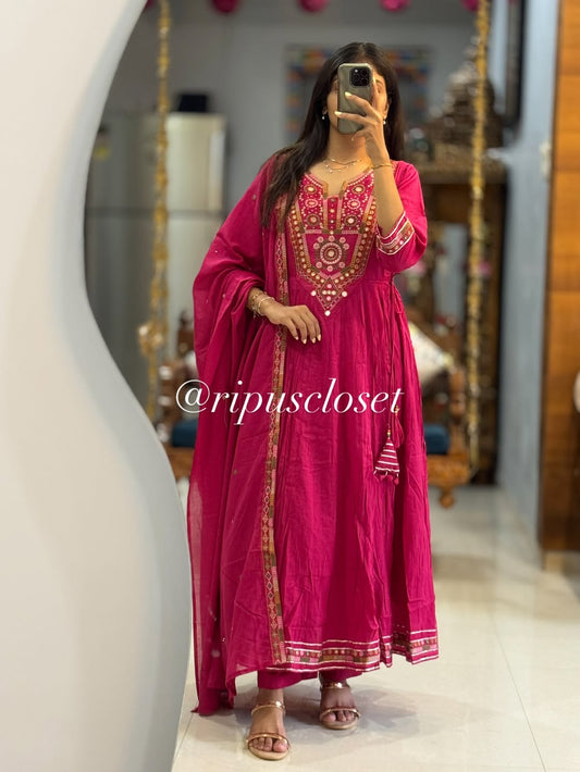 Libas Magenta Mirror-Work Anarkali Set with Dupatta
