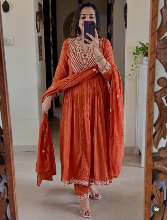 Jaipuri Rust Orange Embroidered Cotton Anarkali Set with Dupatta